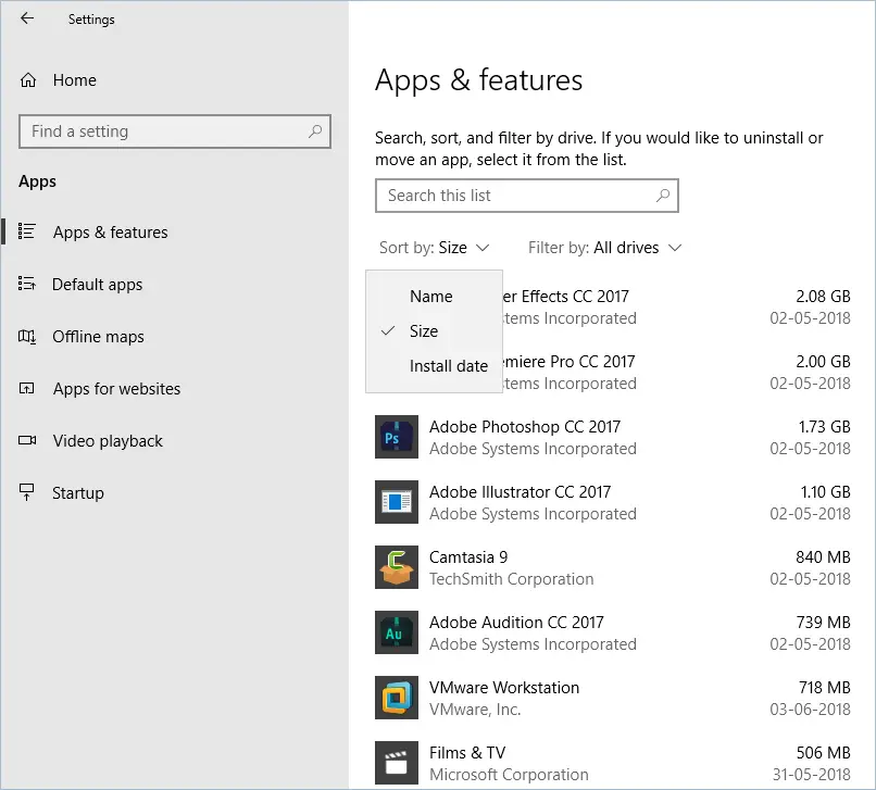 Filtre de taille pour les applications