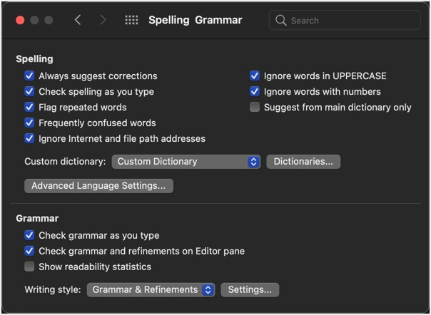 Preferências do corretor ortográfico no Word Mac