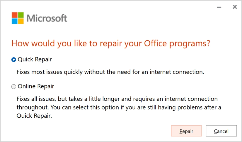 Programa de reparo do Office