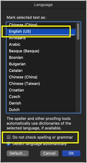 Verificação de idioma no Word Mac