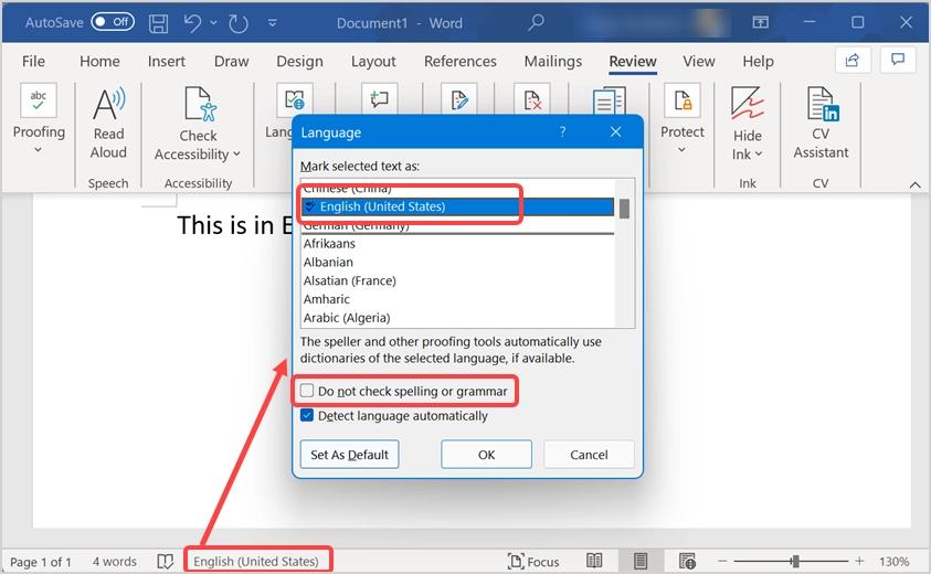 Verificar idioma e opção de verificação ortográfica
