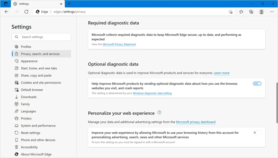 Dezactivați partajarea datelor Edge cu Microsoft