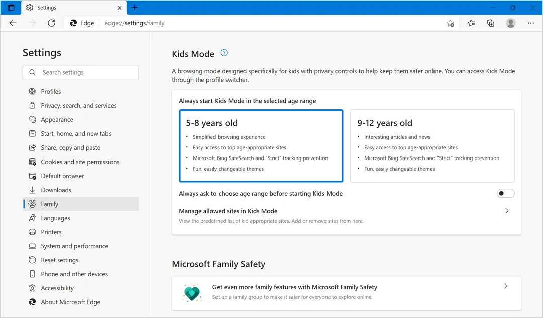 Edge Kids Mode и функции семейной безопасности