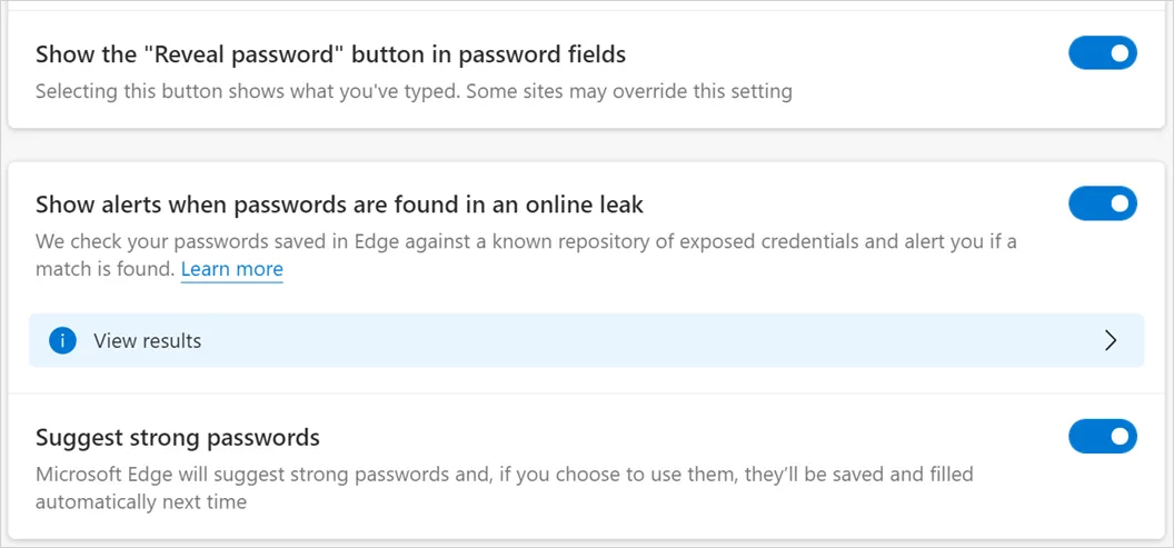 Параметры безопасности паролей в Edge
