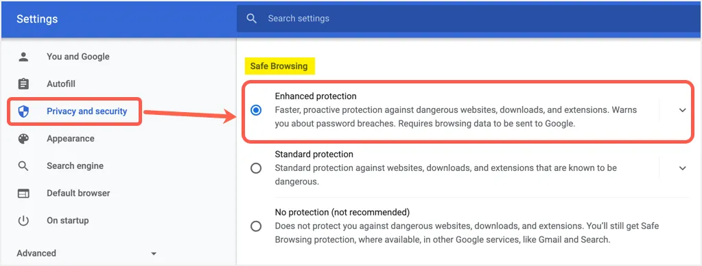 Chromeで安全なブラウジングを有効にする