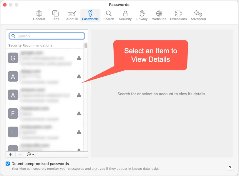 Safariパスワードマネージャーセクション