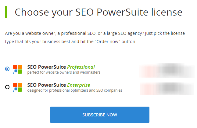Planos de preços do SEO PowerSuite