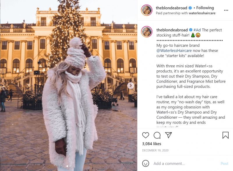 Uma postagem no Instagram com um link de afiliado do blog de viagens The Blonde Abroad.