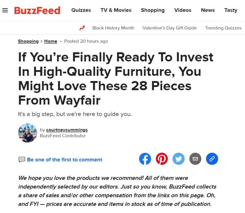 Um guia do produto BuzzFeed escrito com links de afiliados.