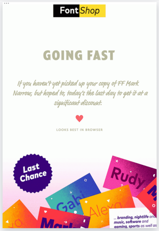 Messaggio di email marketing "Last Chance" di Font Shop
