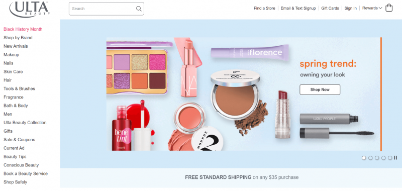 Pagina de start a Ulta Beauty, afișând gama largă de produse pe care o comercializează.