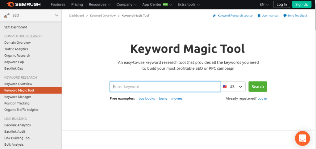 Jednym z najbardziej polecanych narzędzi do badania słów kluczowych jest Semrush's Keyword Magic Tool