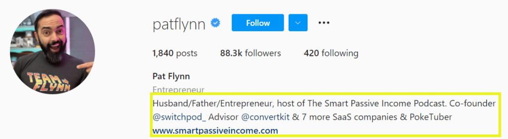 Ein Beispiel für ein Instagram-Profil mit annotierter Biografie.