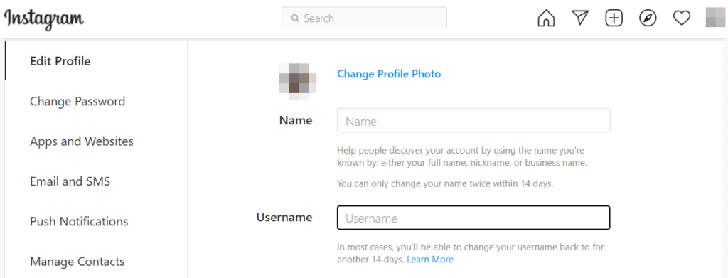 Menambahkan nama dan nama pengguna di Instagram.
