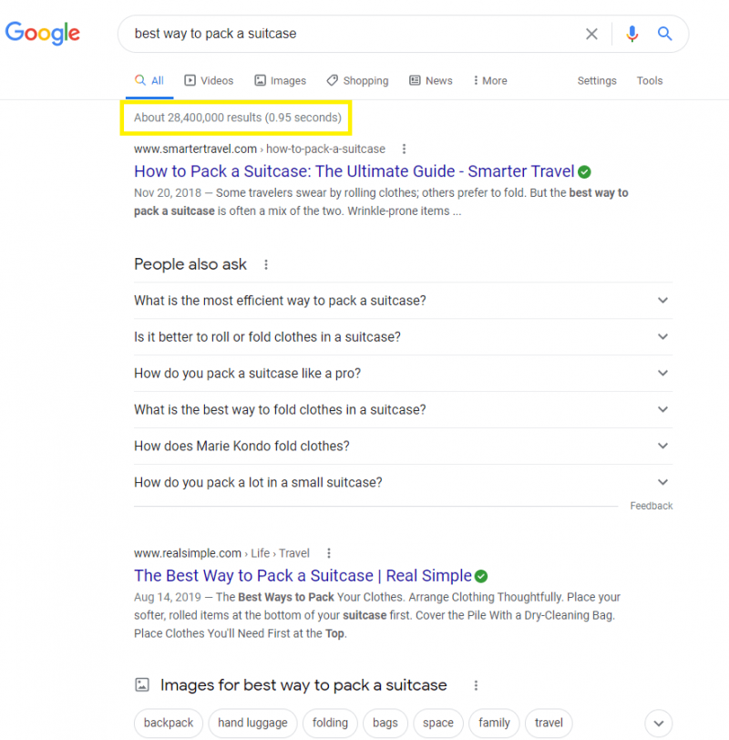 Страница результатов поиска Google с многочисленными совпадениями.