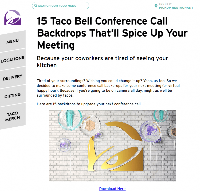 콘텐츠 작성을 사용할 수 있는 방법을 보여주는 Taco Bell의 샘플 블로그 게시물입니다.