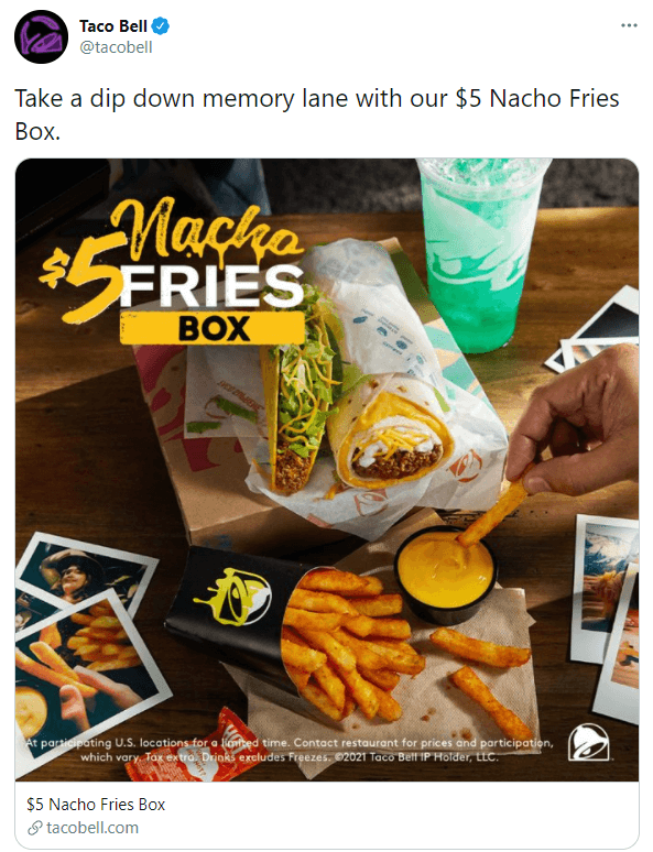 ตัวอย่างทวีตของ Taco Bell ที่แสดงเทคนิคการเขียนคำโฆษณา