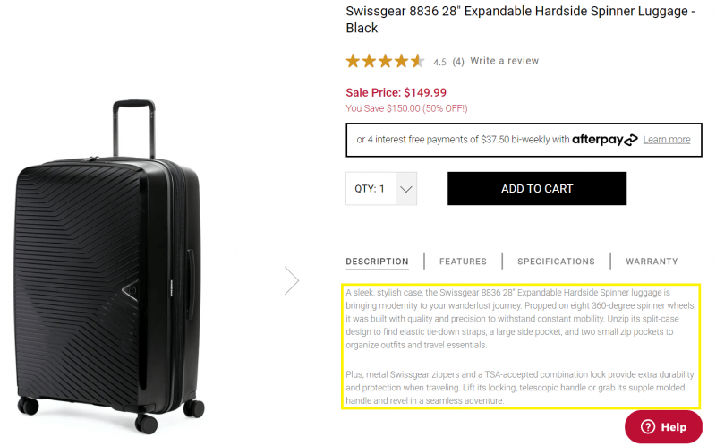 여행 가방 제품 설명을 통해 보여지는 카피 라이팅의 예.