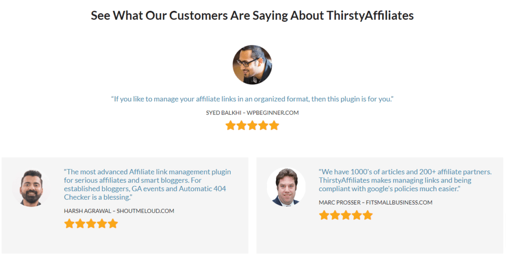 Página de avaliações de prova social da ThirstyAffiliates