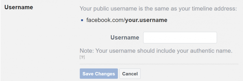 A página de registro para os URLs personalizados do Facebook.