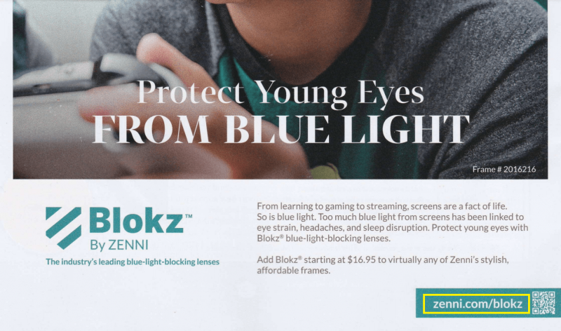 Um anúncio da Zenni Optical, apresentando um URL personalizado na parte inferior da página.