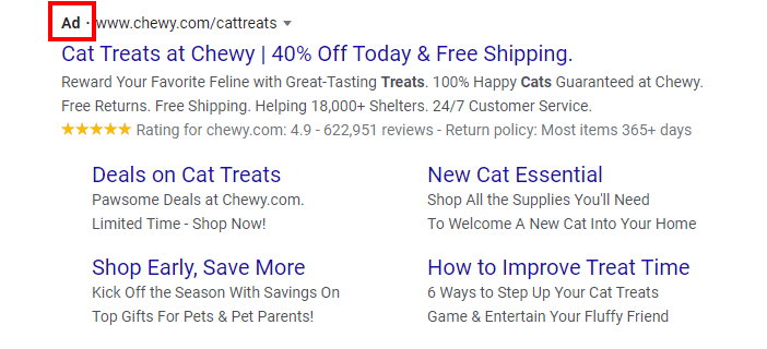 eine Google-Suchanzeige für Katzenleckereien