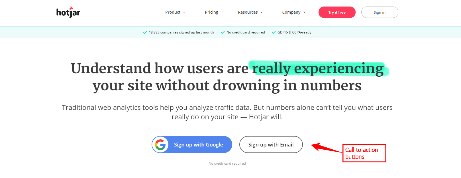 eine CTA-Schaltfläche auf der Hotjar-Website