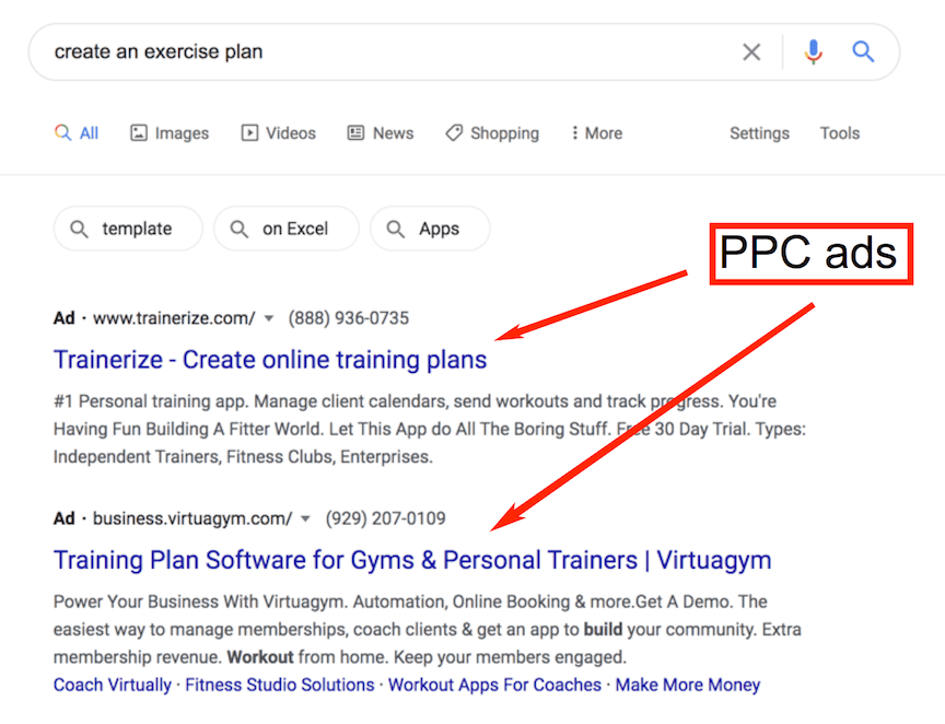 Google PPC-Suchanzeigen für Suchanfragen zum Übungsplan