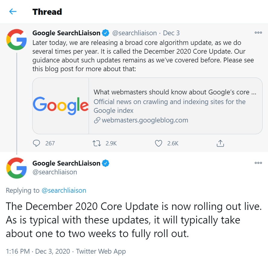 تعلن Google عن تحديث أساسي لشهر ديسمبر 2020 على Twitter
