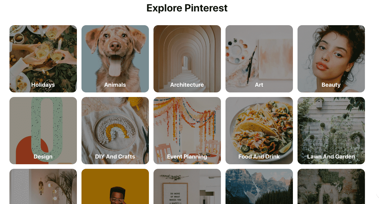 página de categorías de Pinterest