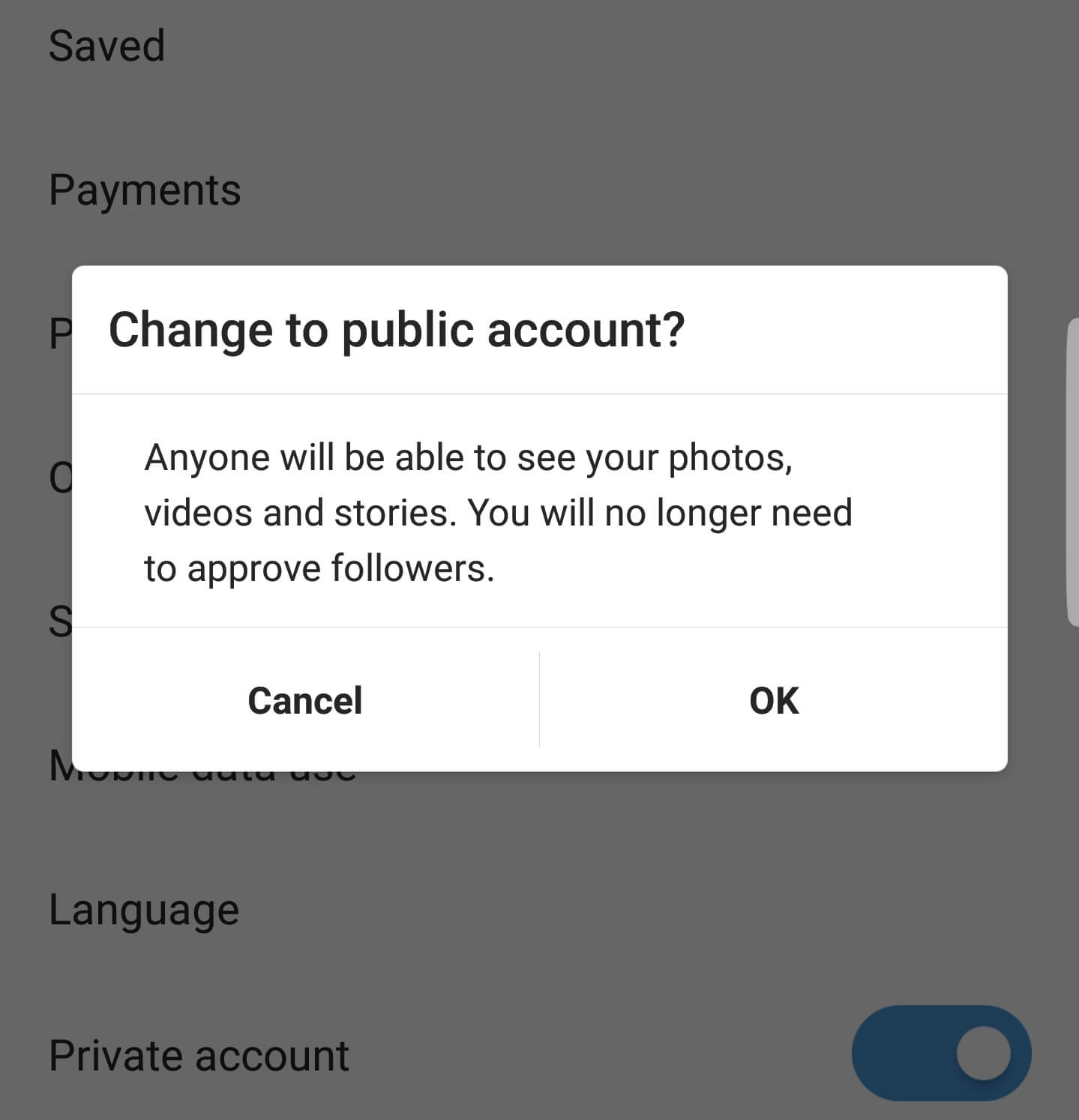 cambiar a la cuenta pública de Instagram