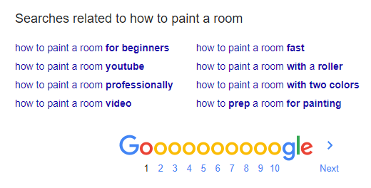 Búsquedas relacionadas con Google sobre cómo pintar una habitación