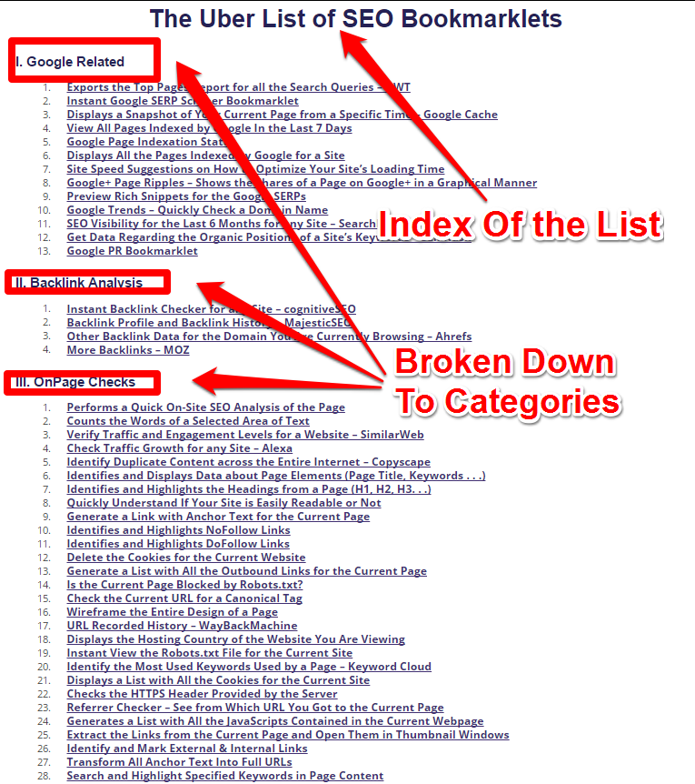 Списки - 69 удивительных букмарклетов SEO для Internet Marketing_Index