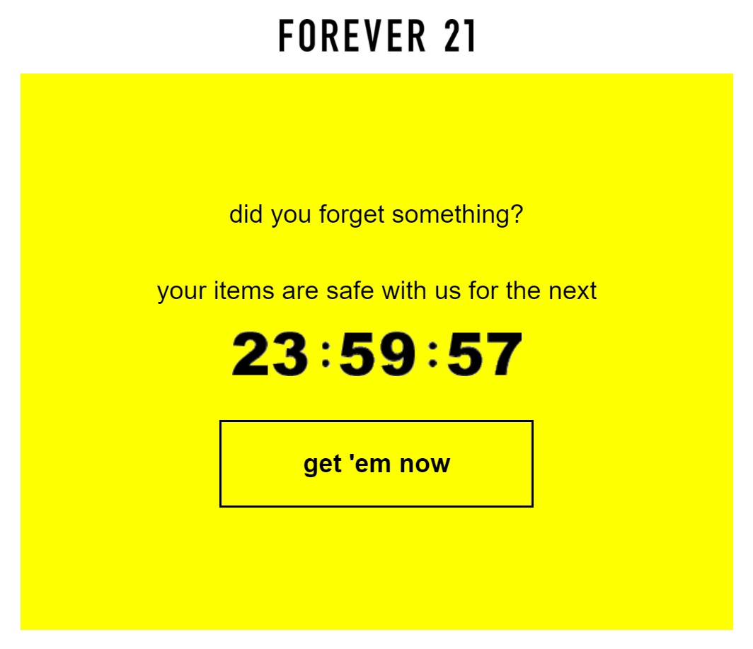 Forever21 abandoned cart countdown timer example