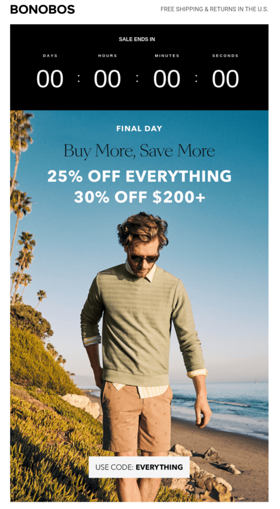 countdown timer in email campaign by Bonobos