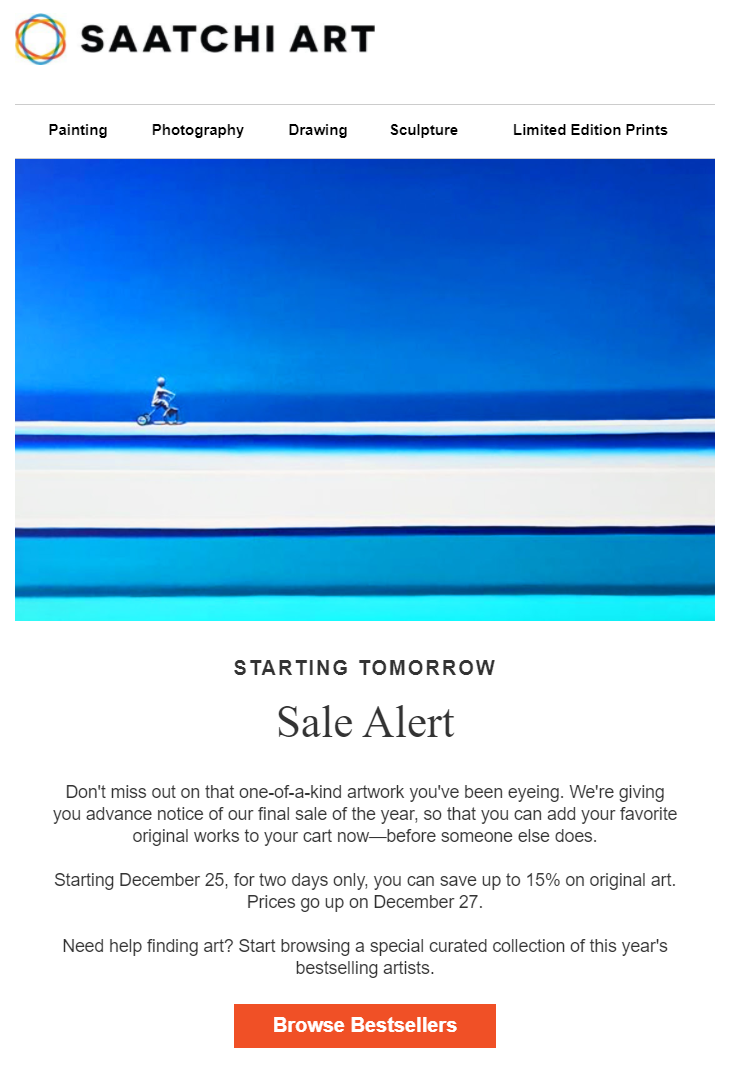 saatchi art Christmas email sale alert and Christmas eve subject line
