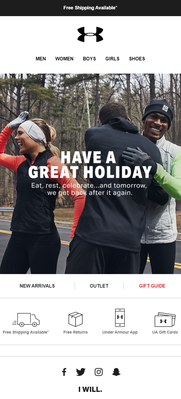 Holiday greetings campaign and subject line by Under Armour
