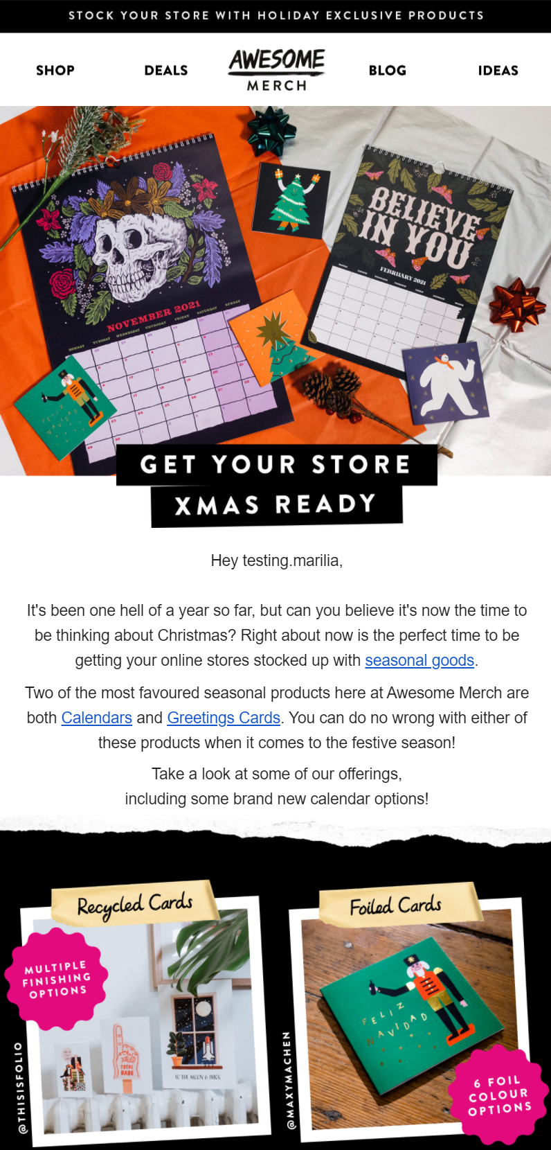 Awesome merch holiday email marketing example 