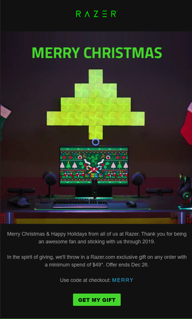 razer holiday email subject line and email campaign
