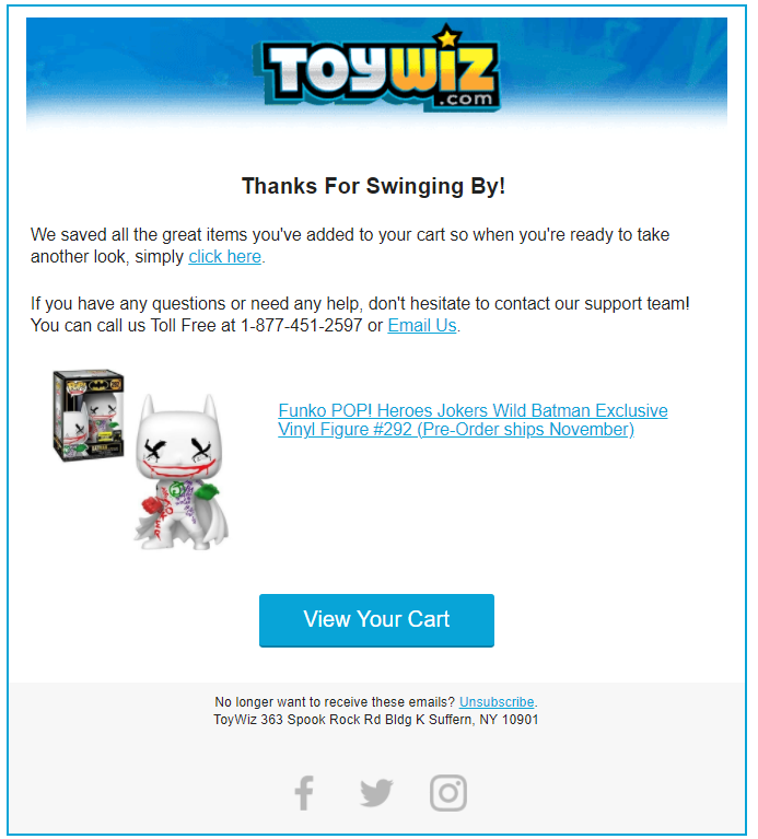 Toywiz automated cart abandonment email