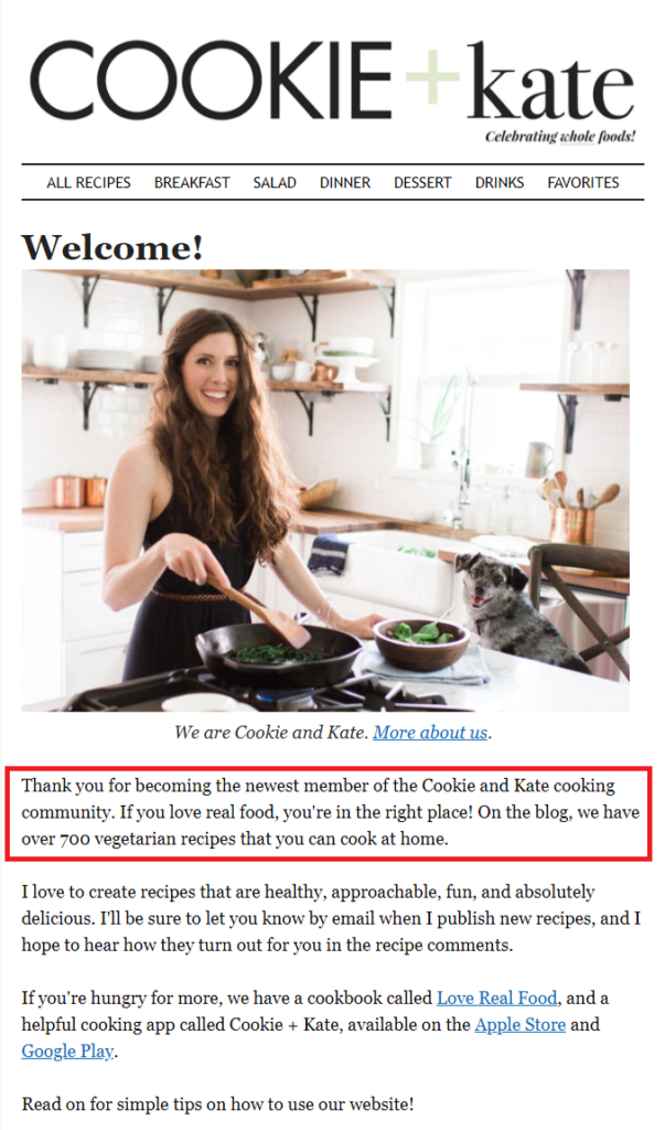 Cookie & Kate welcome email example