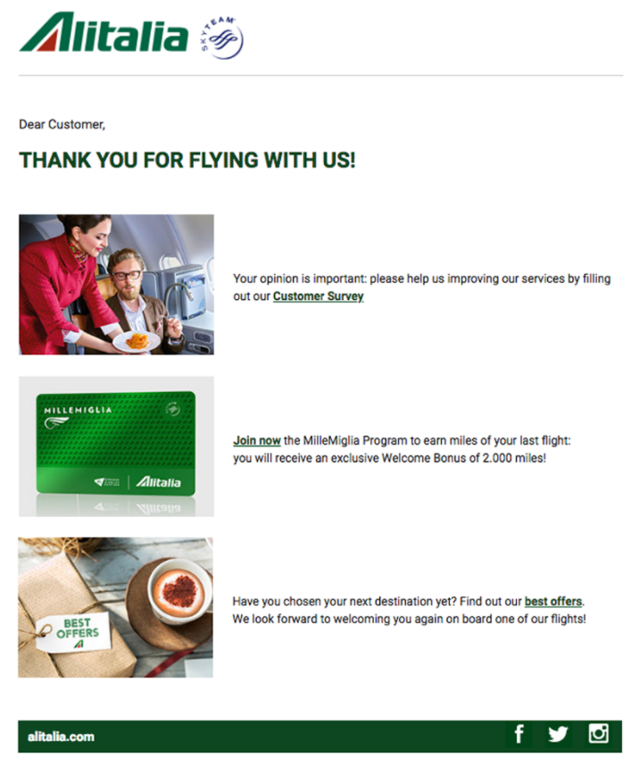 Alitalia automated thank you for flying