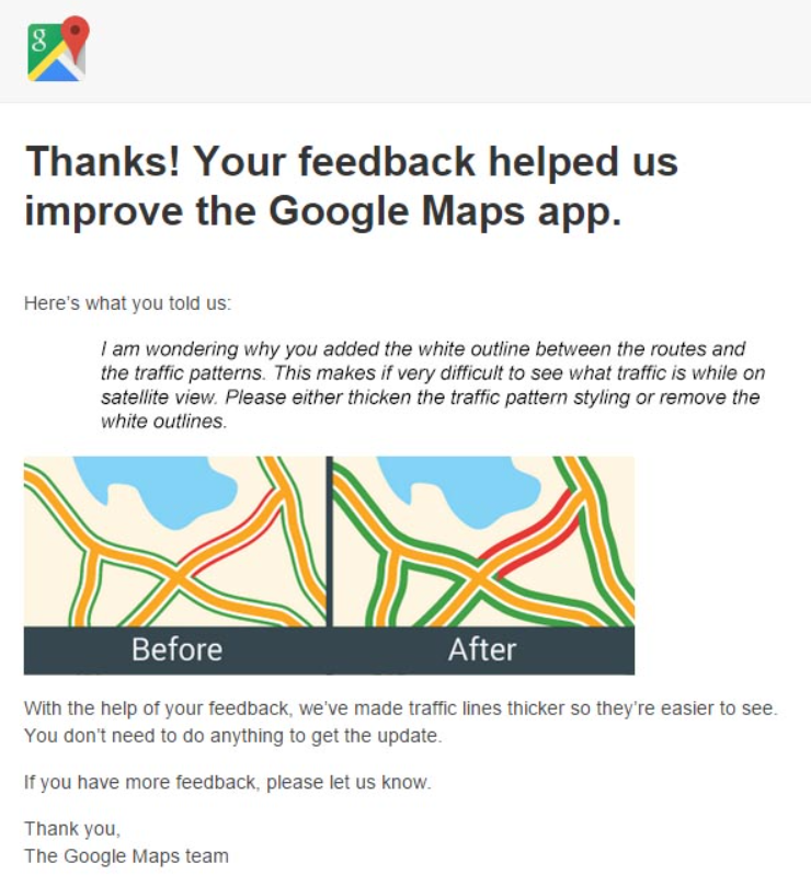 Google maps thanks for your feedback