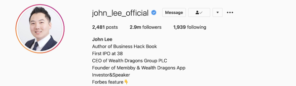 Account Instagram ufficiale di John Lee