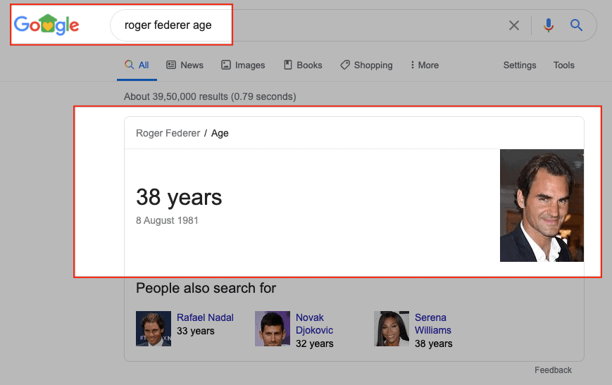 Google SERPs - Roger Federer Age (Example of Informational Search Intent - "Know Simple" Queries)