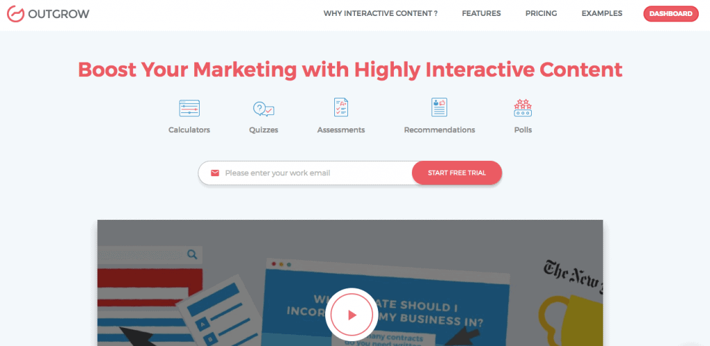 Outgrow allows you to create interactive content (quizzes, calculators, surveys, etc.) to engage customers and boost lead generation for your business.