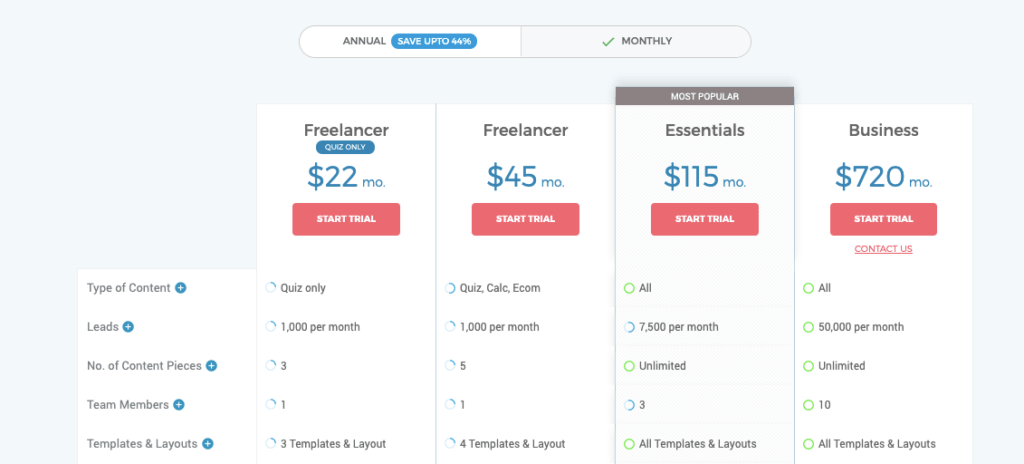 Outgrow Pricing Plans 2020