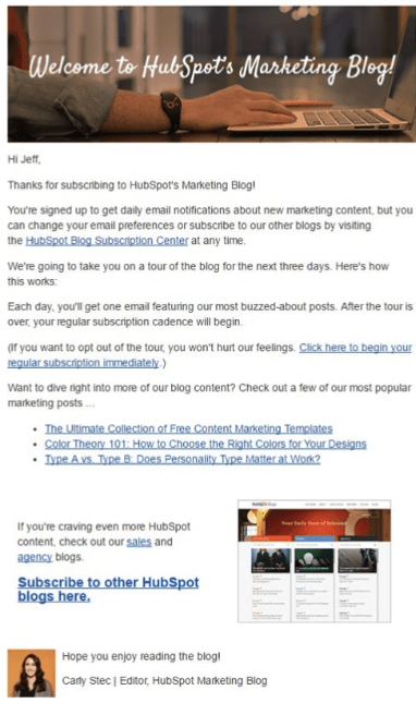 ejemplo de HubSpot utilizado para dar la bienvenida a nuevos suscriptores al blog.