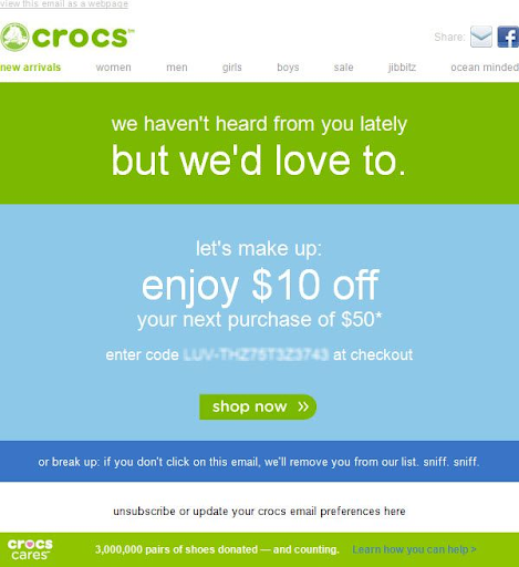 modelo de e-mail marketing de comércio eletrônico da crocs