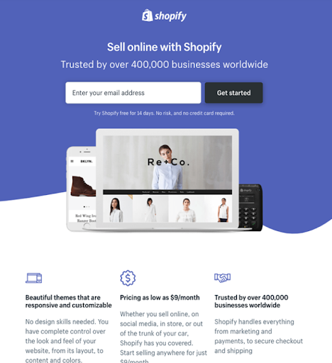 página de inicio de Shopify